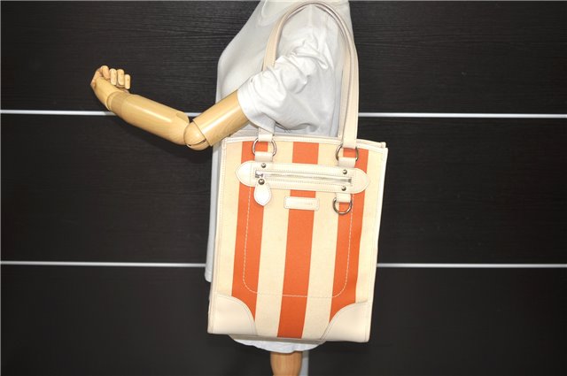 Authentic BURBERRY Stripe Shoulder Toe Bag Canvas Leather Ivory Orange 5469D