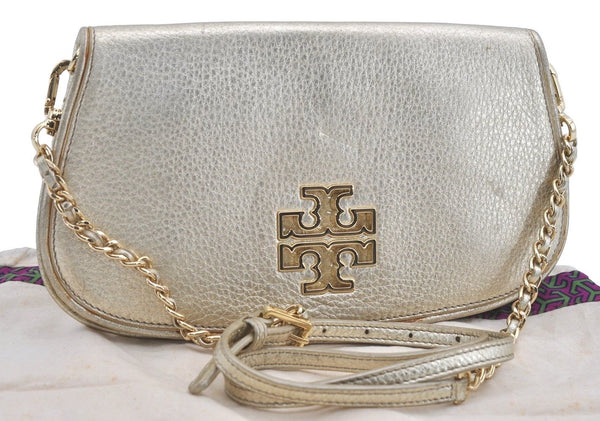 Authentic TORY BURCH Britten Chain Shoulder Cross Body Bag Leather Gold 5509I