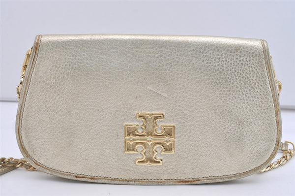 Authentic TORY BURCH Britten Chain Shoulder Cross Body Bag Leather Gold 5509I