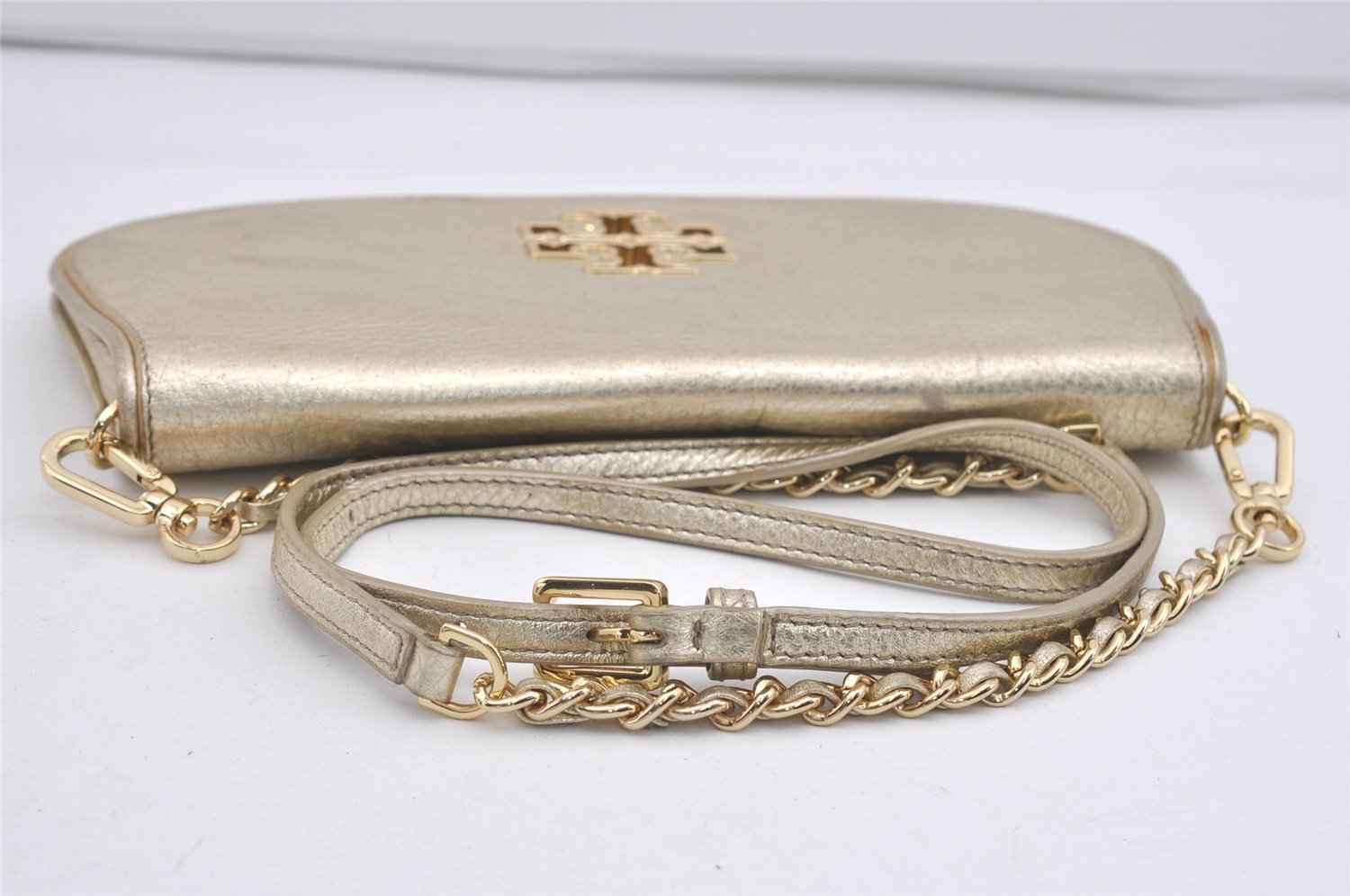 Authentic TORY BURCH Britten Chain Shoulder Cross Body Bag Leather Gold 5509I