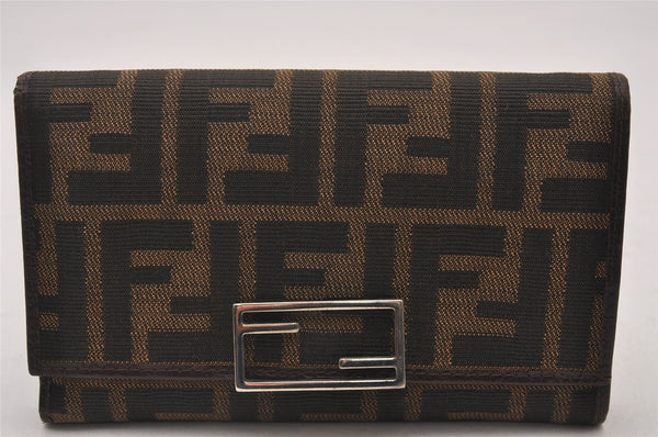 Authentic FENDI Zucca Trifold Wallet Purse Canvas Leather Brown Box 5516I