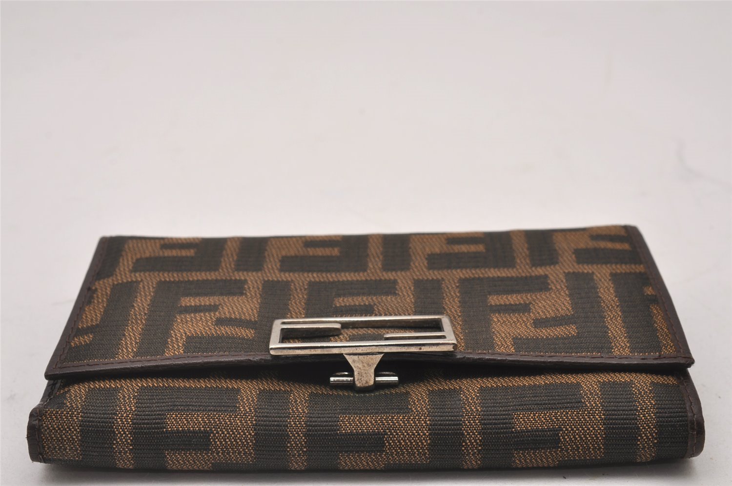 Authentic FENDI Zucca Trifold Wallet Purse Canvas Leather Brown Box 5516I