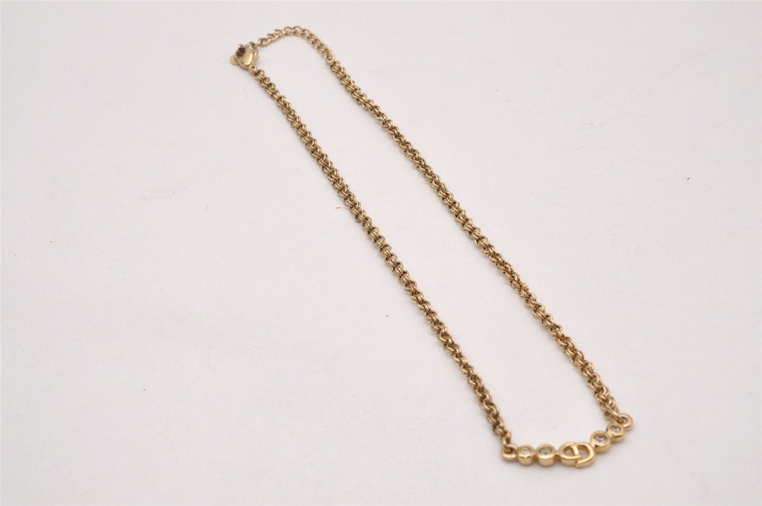 Authentic Christian Dior Gold Tone Rhinestone Chain Pendant Necklace CD 5521I