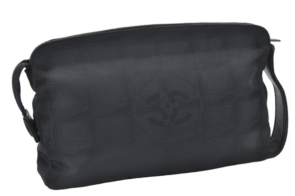 Authentic CHANEL New Travel Line Clutch Hand Bag Pouch Nylon Leather Black 5522E