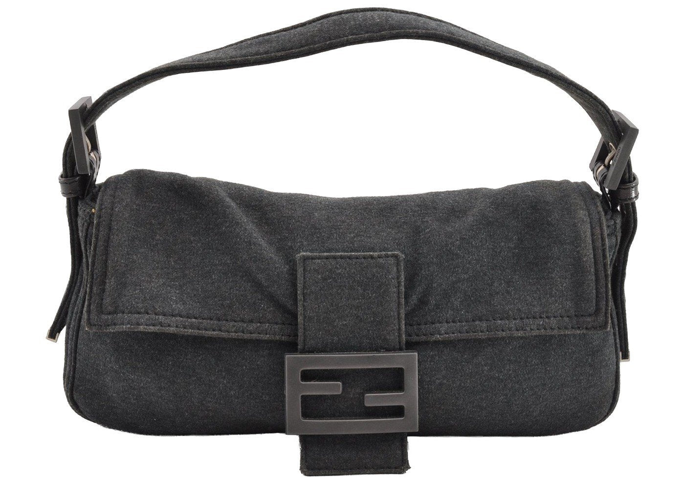 Authentic FENDI Mamma Baguette Shoulder Hand Bag Cotton Leather Gray 5528I