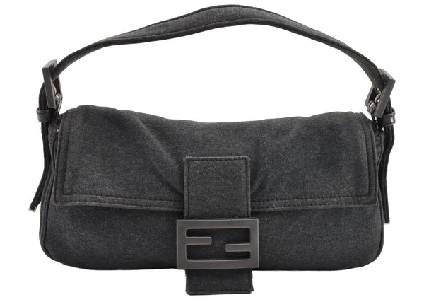 Authentic FENDI Mamma Baguette Shoulder Hand Bag Cotton Leather Gray 5528I