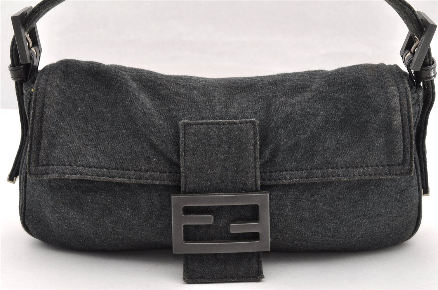 Authentic FENDI Mamma Baguette Shoulder Hand Bag Cotton Leather Gray 5528I