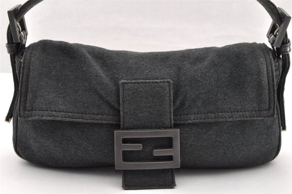 Authentic FENDI Mamma Baguette Shoulder Hand Bag Cotton Leather Gray 5528I