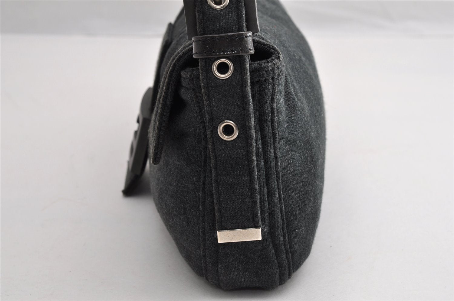 Authentic FENDI Mamma Baguette Shoulder Hand Bag Cotton Leather Gray 5528I