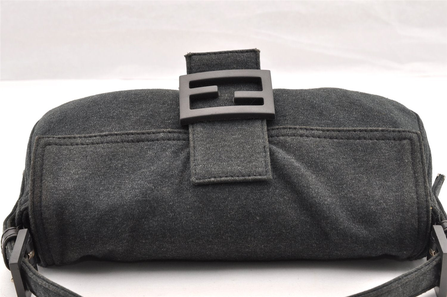 Authentic FENDI Mamma Baguette Shoulder Hand Bag Cotton Leather Gray 5528I