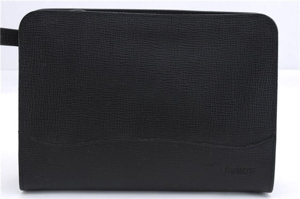 Authentic Burberrys Vintage Clutch Hand Bag Purse Leather Black Box 5531E