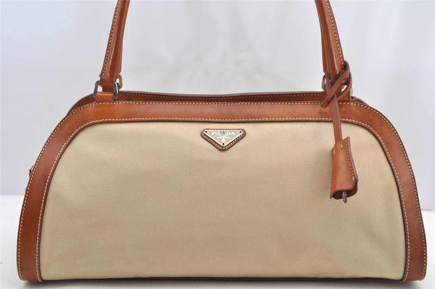 Authentic PRADA Vintage Canvas Leather Shoulder Tote Bag Beige Brown 5535I