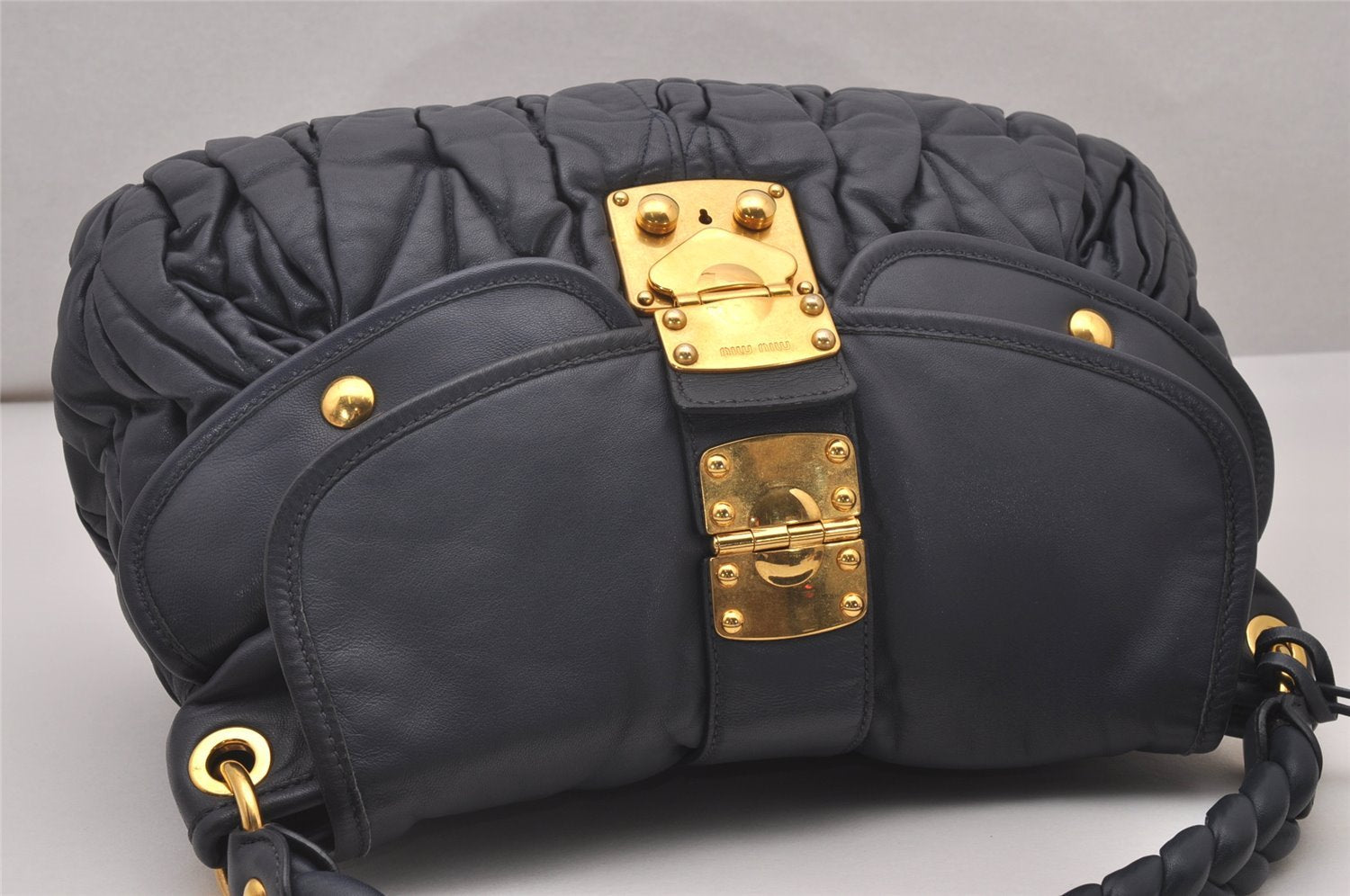 Authentic MIU MIU Matelasse Leather 2Way Shoulder Hand Bag Navy Blue 5541I