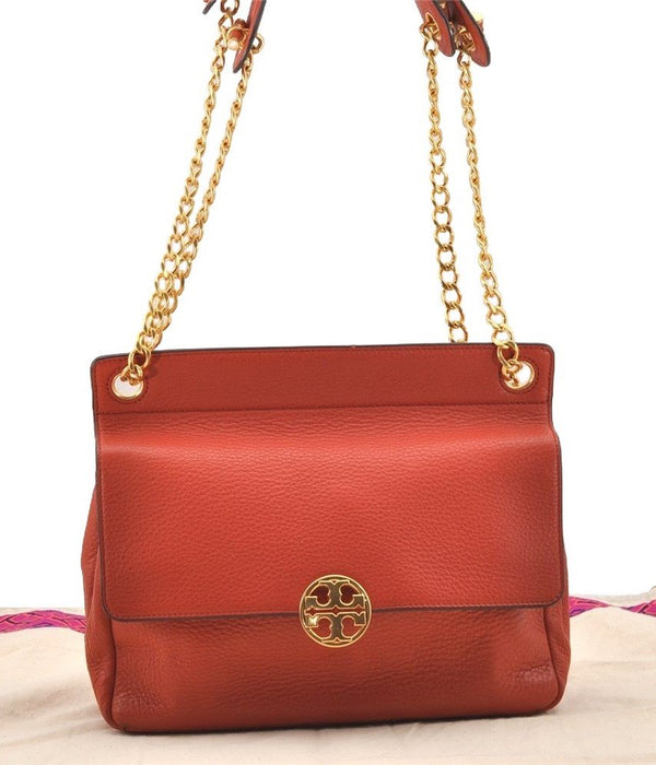 Authentic TORY BURCH Chelsea Chain Shoulder Cross Body Bag Leather Orange 5548I