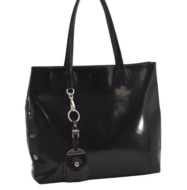 Authentic PRADA Vintage Enamel Shoulder Tote Bag Black 5553I