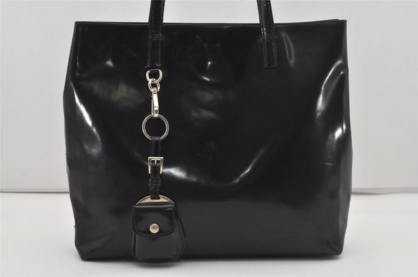 Authentic PRADA Vintage Enamel Shoulder Tote Bag Black 5553I