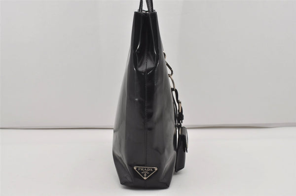 Authentic PRADA Vintage Enamel Shoulder Tote Bag Black 5553I