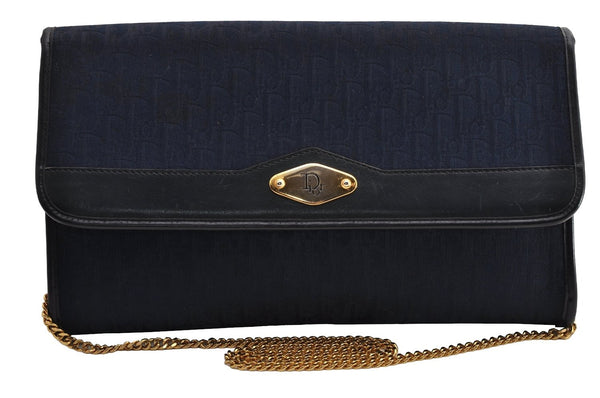 Authentic Christian Dior Trotter Chain Shoulder Bag Canvas Leather Navy CD 5555I