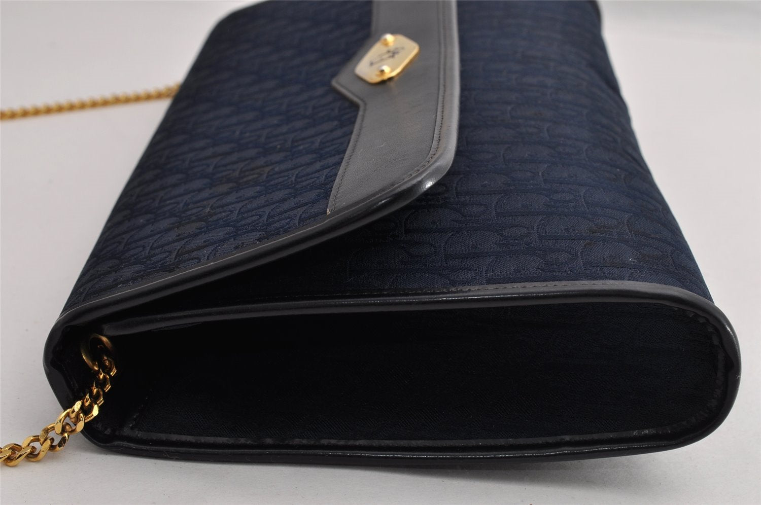 Authentic Christian Dior Trotter Chain Shoulder Bag Canvas Leather Navy CD 5555I
