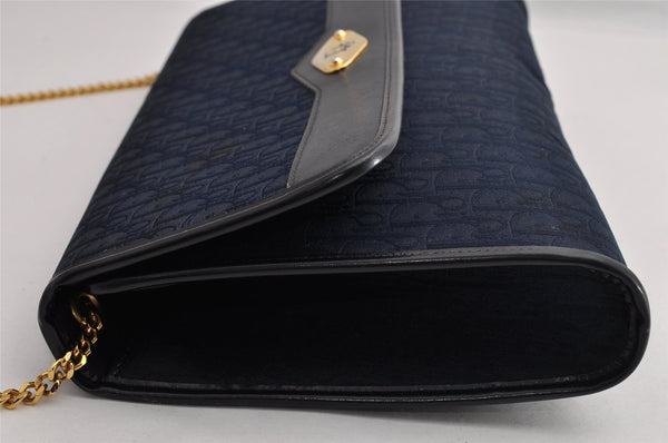 Authentic Christian Dior Trotter Chain Shoulder Bag Canvas Leather Navy CD 5555I