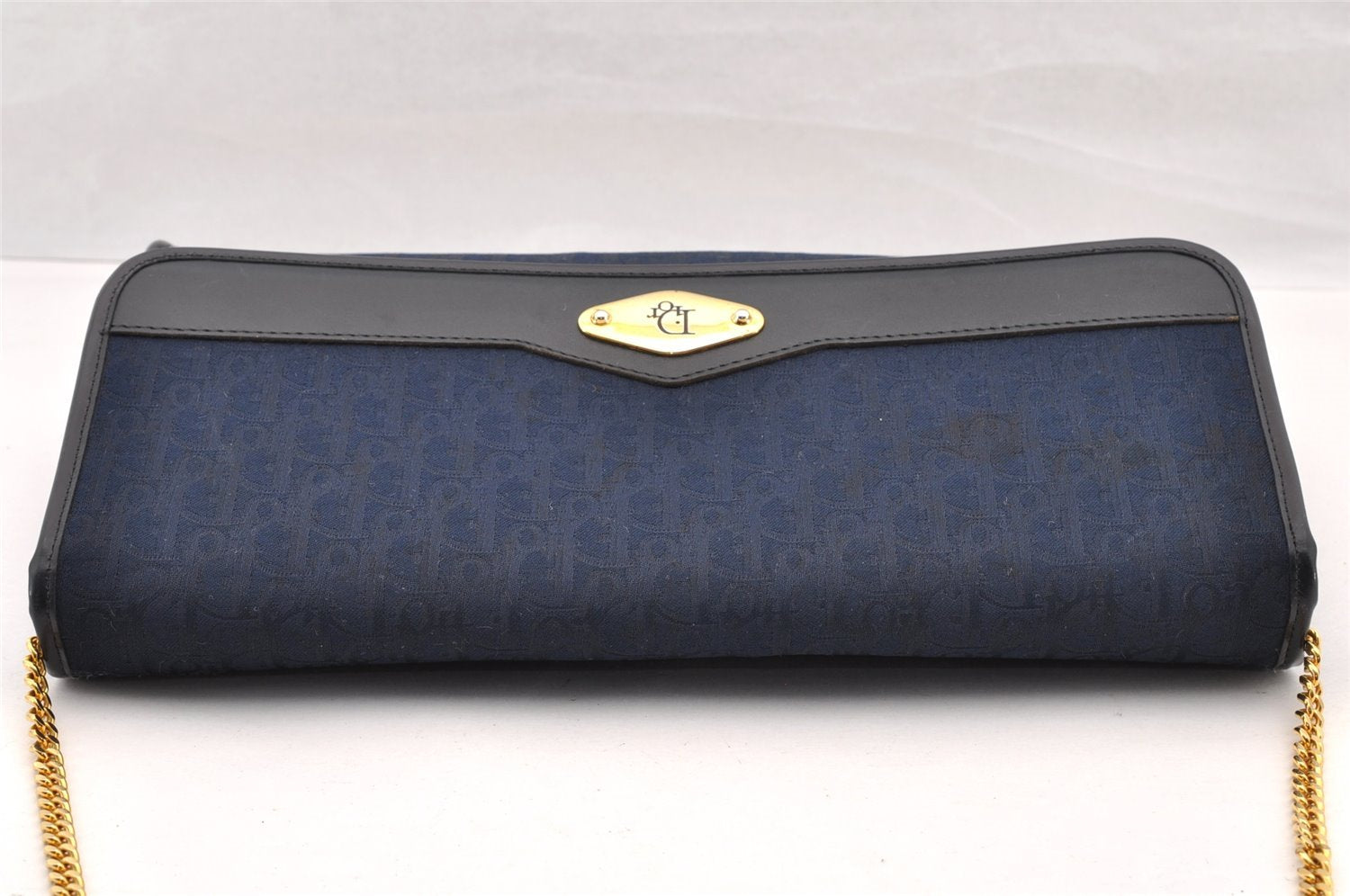 Authentic Christian Dior Trotter Chain Shoulder Bag Canvas Leather Navy CD 5555I