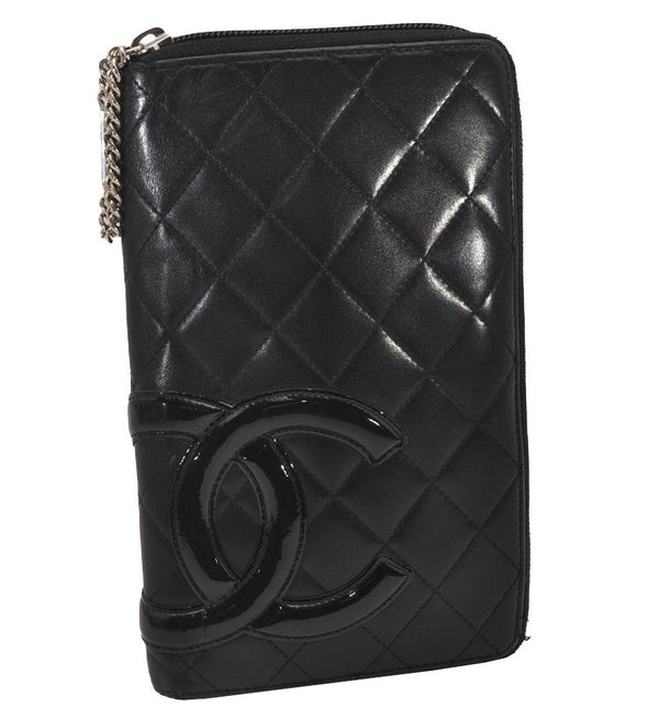 Authentic CHANEL Calf Skin Cambon Line Zippy Organizer Long Wallet Black 5557I