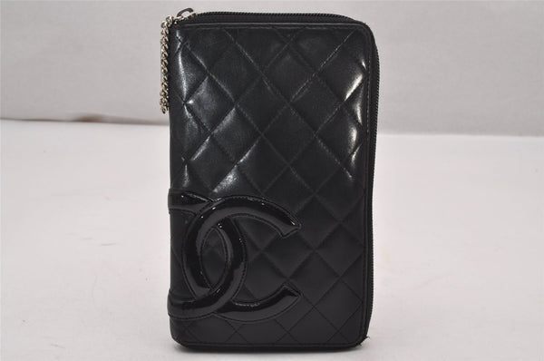 Authentic CHANEL Calf Skin Cambon Line Zippy Organizer Long Wallet Black 5557I