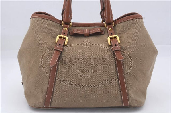 Authentic PRADA Logo Jacquard Canvas Leather 2Way Shoulder Hand Bag Brown 5558D