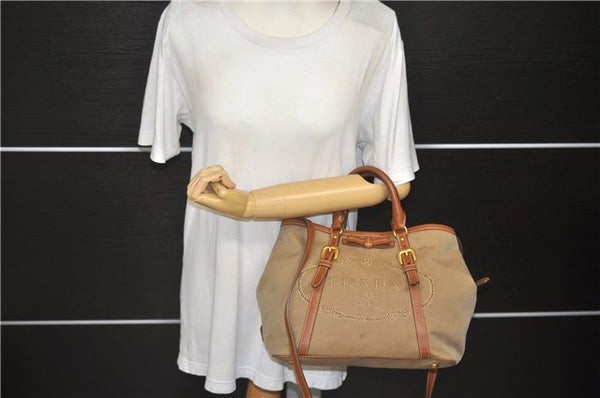 Authentic PRADA Logo Jacquard Canvas Leather 2Way Shoulder Hand Bag Brown 5558D