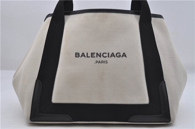 Auth BALENCIAGA Navy Caba S Hand Bag Canvas Leather 339933 White Black 5562D