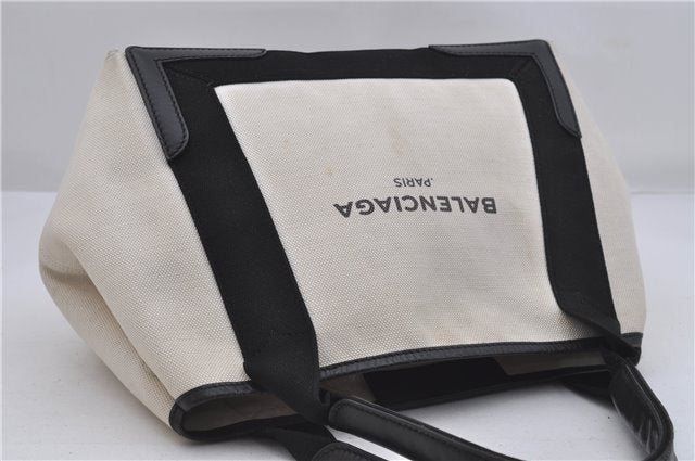Auth BALENCIAGA Navy Caba S Hand Bag Canvas Leather 339933 White Black 5562D