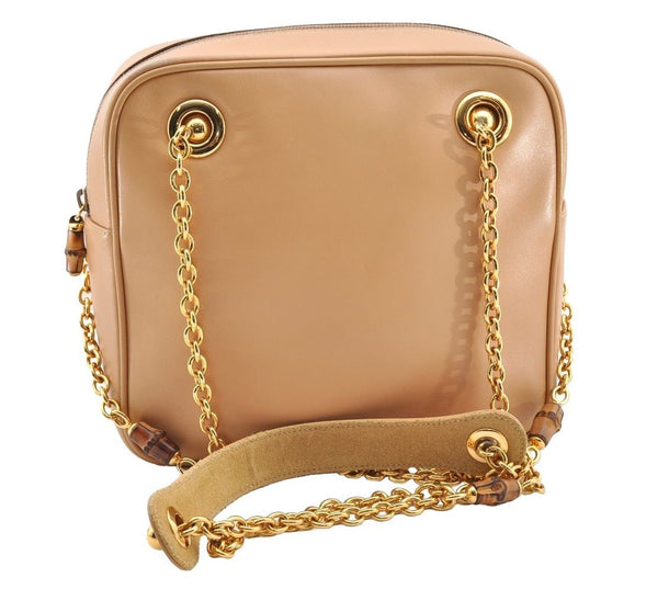 Authentic GUCCI Bamboo Chain Shoulder Cross Body Bag Leather Beige Junk 5562I