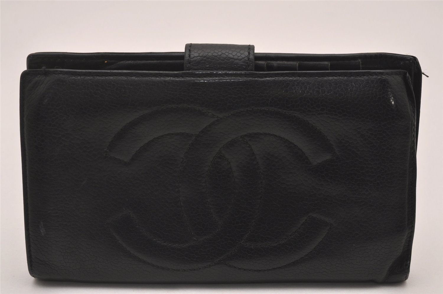 Authentic CHANEL Caviar Skin CC Logo Bifold Wallet Purse Black Junk 5565I