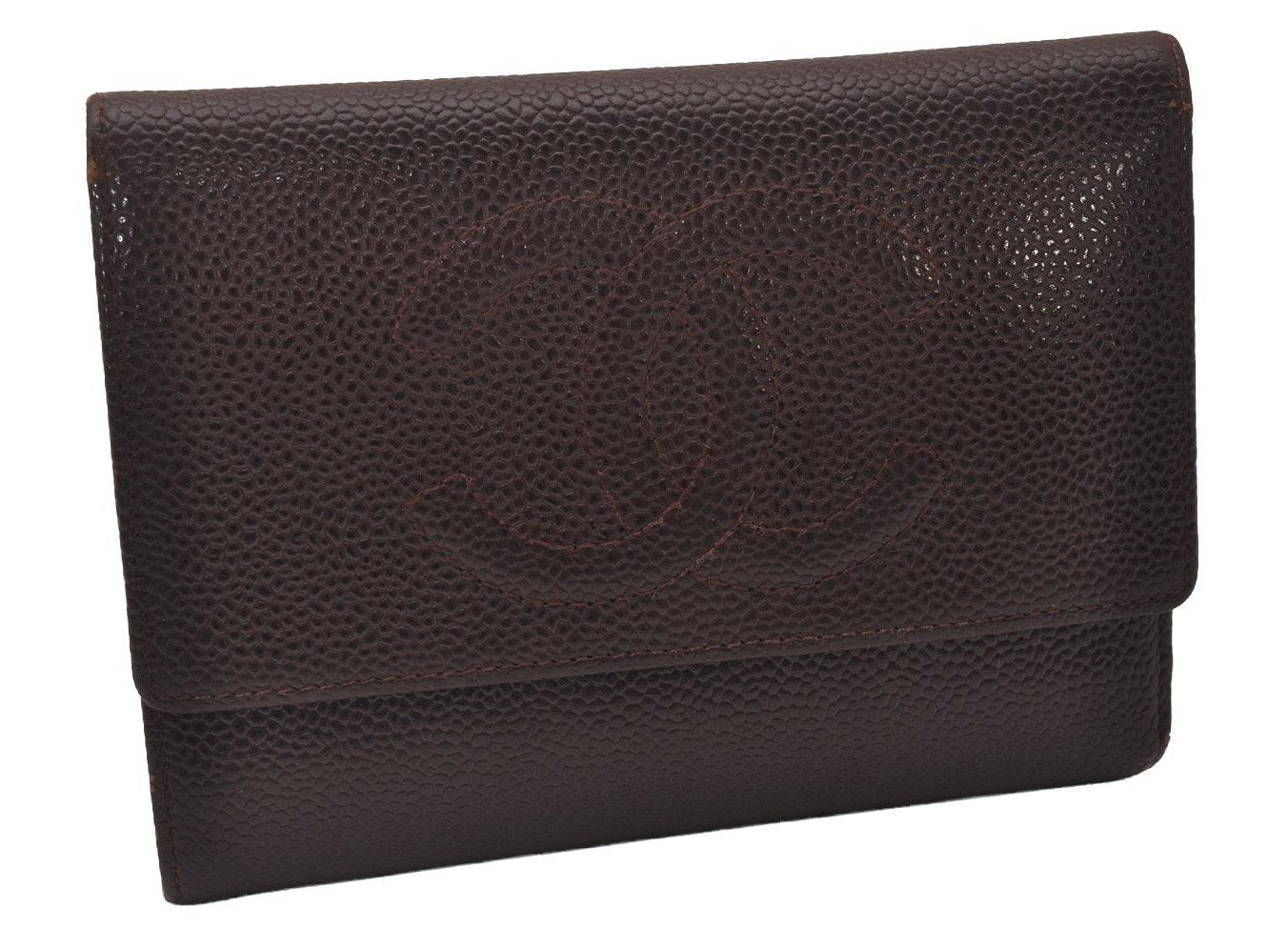 Authentic CHANEL Caviar Skin Vintage CC Logo Trifold Wallet Purse Wine Red 5566I