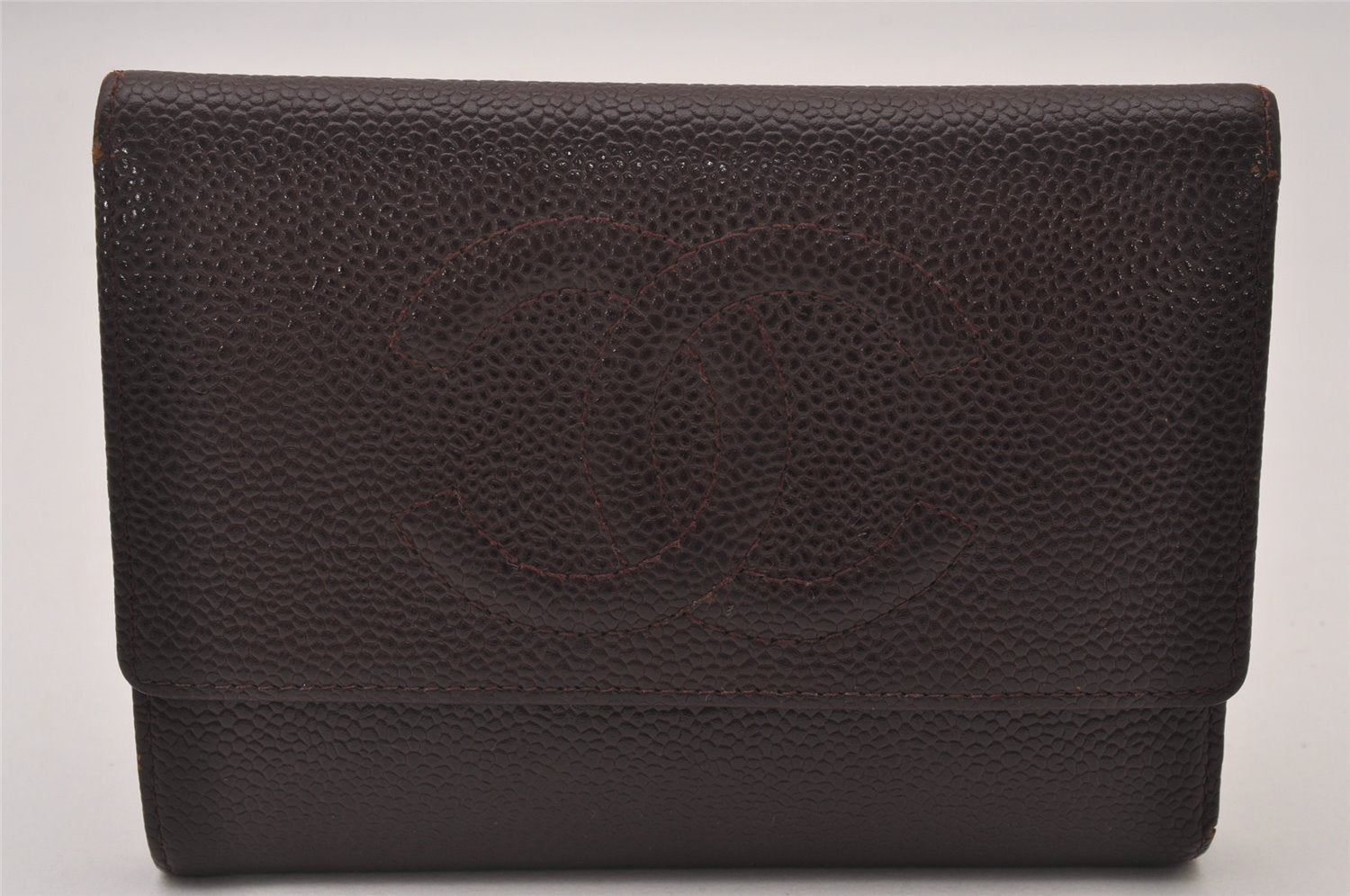 Authentic CHANEL Caviar Skin Vintage CC Logo Trifold Wallet Purse Wine Red 5566I