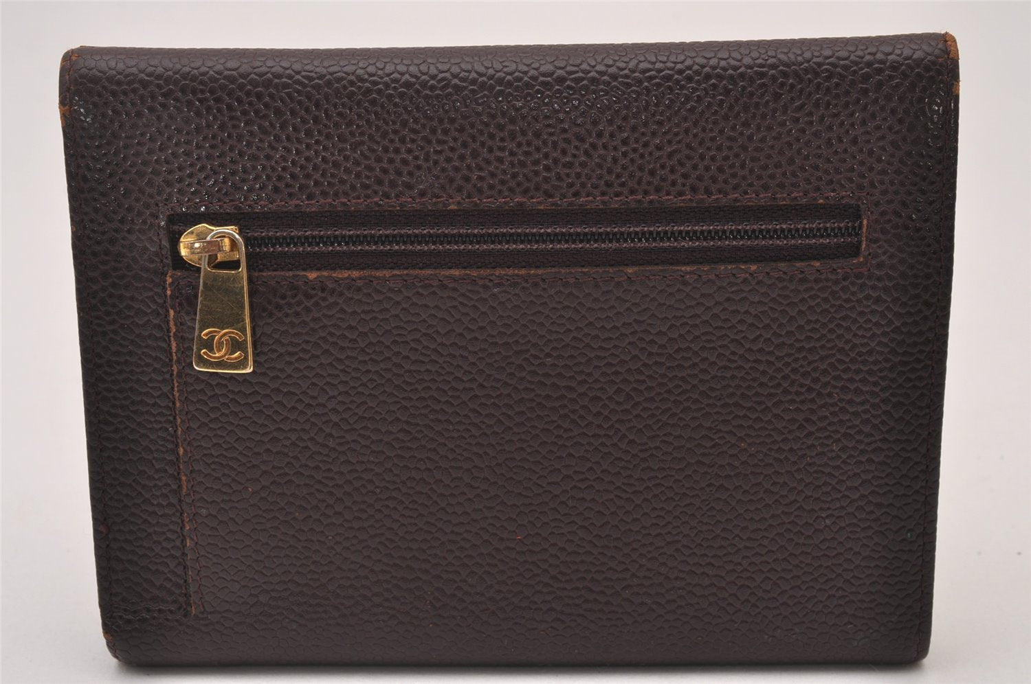 Authentic CHANEL Caviar Skin Vintage CC Logo Trifold Wallet Purse Wine Red 5566I