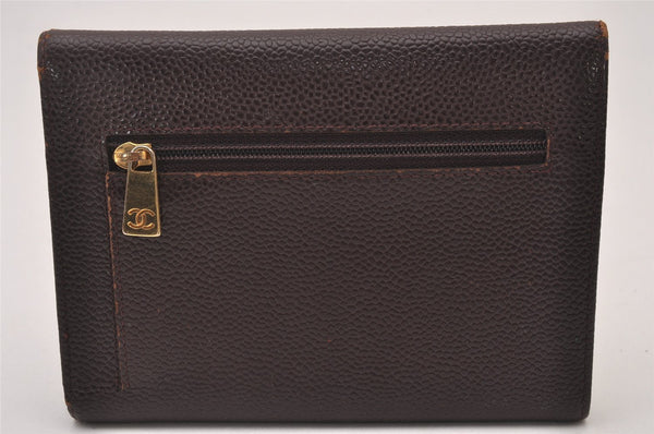 Authentic CHANEL Caviar Skin Vintage CC Logo Trifold Wallet Purse Wine Red 5566I