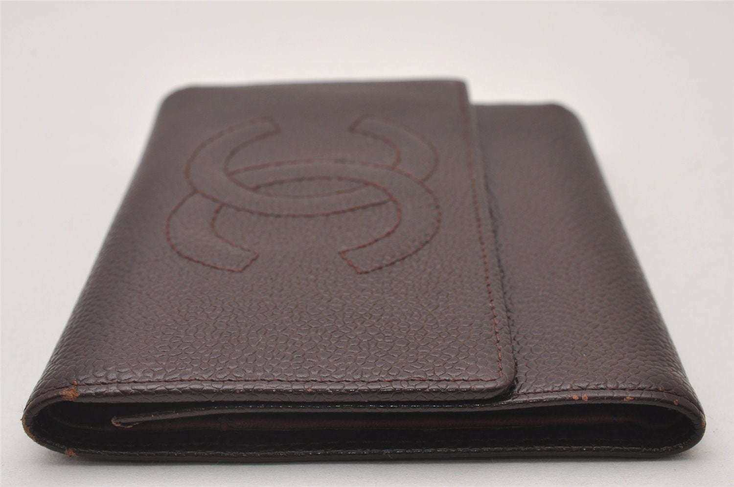 Authentic CHANEL Caviar Skin Vintage CC Logo Trifold Wallet Purse Wine Red 5566I