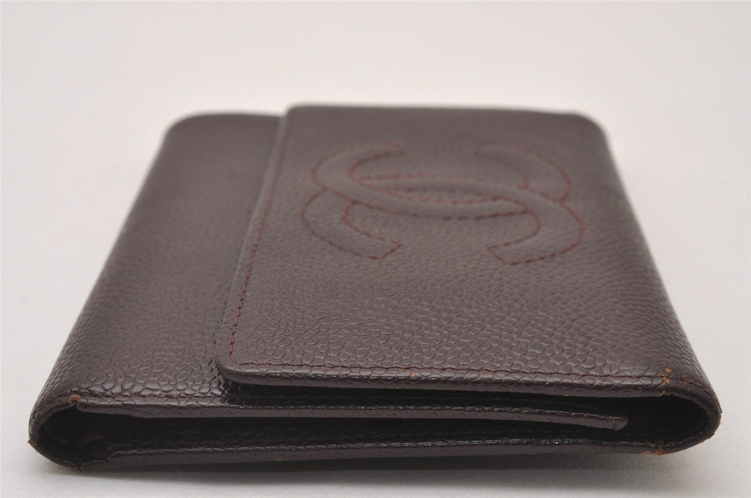Authentic CHANEL Caviar Skin Vintage CC Logo Trifold Wallet Purse Wine Red 5566I