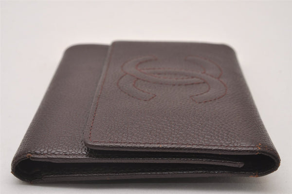 Authentic CHANEL Caviar Skin Vintage CC Logo Trifold Wallet Purse Wine Red 5566I