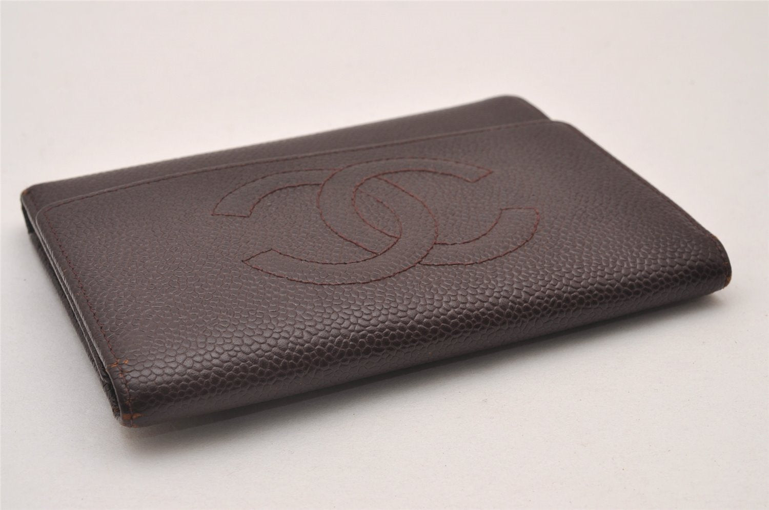 Authentic CHANEL Caviar Skin Vintage CC Logo Trifold Wallet Purse Wine Red 5566I