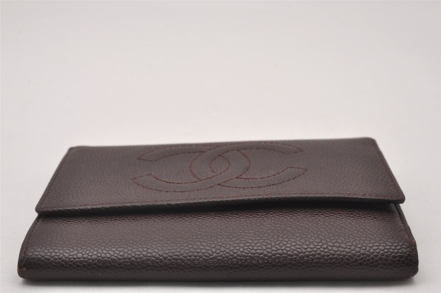 Authentic CHANEL Caviar Skin Vintage CC Logo Trifold Wallet Purse Wine Red 5566I