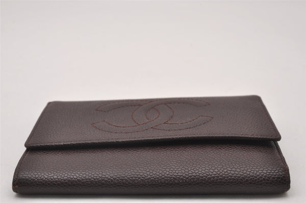 Authentic CHANEL Caviar Skin Vintage CC Logo Trifold Wallet Purse Wine Red 5566I