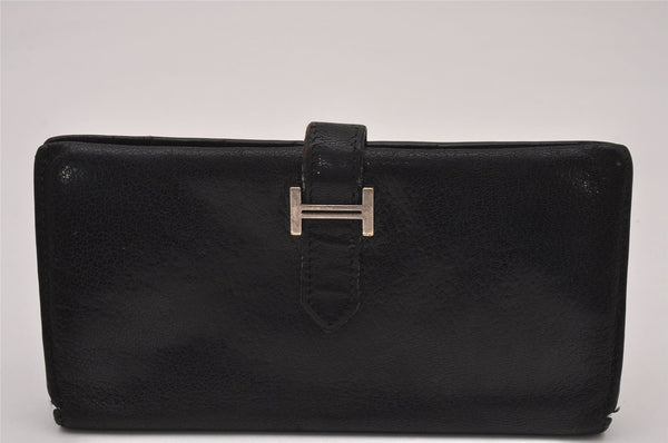 Authentic HERMES Bearn Classic Vintage Leather Long Wallet Purse Black 5569I