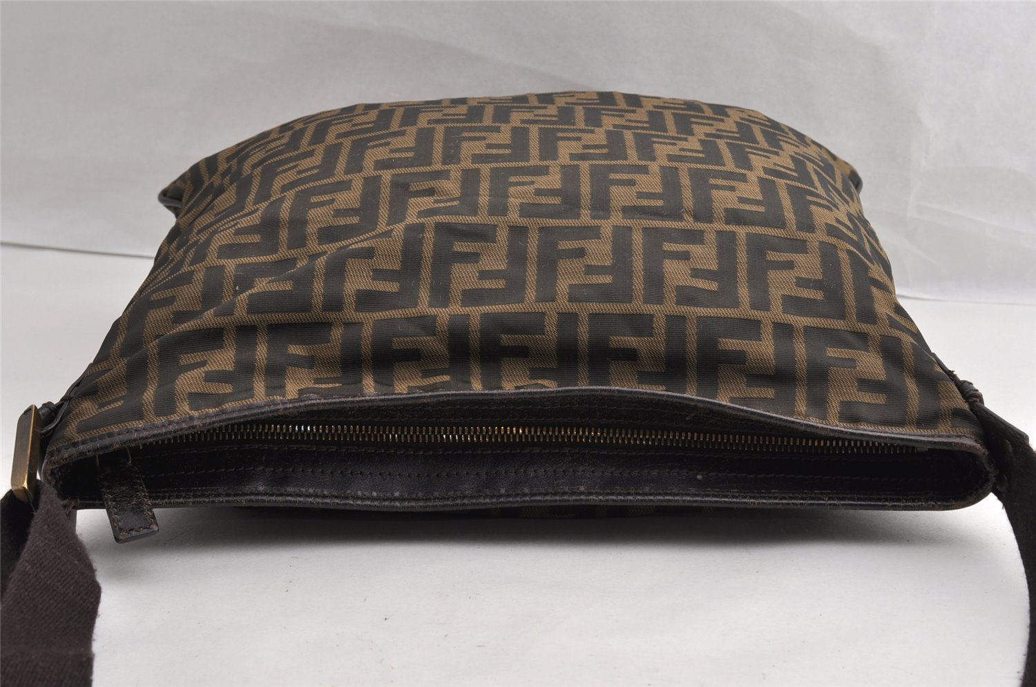 Authentic FENDI Zucca Shoulder Cross Body Bag Nylon Leather Brown Black 5574I