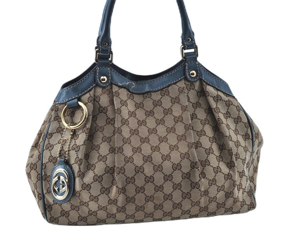 Auth GUCCI Sukey Shoulder Tote Bag GG Canvas Leather 211944 Brown Blue 5581C