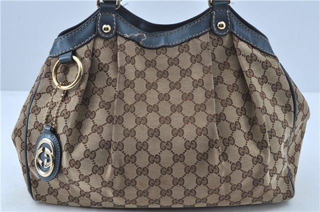 Auth GUCCI Sukey Shoulder Tote Bag GG Canvas Leather 211944 Brown Blue 5581C