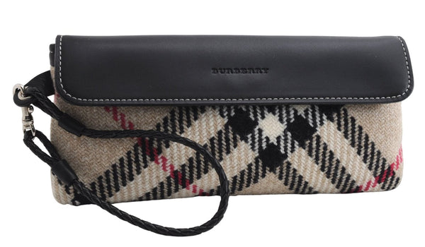 Authentic BURBERRY Nova Check Clutch Hand Bag Purse Wool Leather Beige 5581E