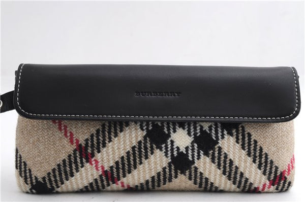 Authentic BURBERRY Nova Check Clutch Hand Bag Purse Wool Leather Beige 5581E