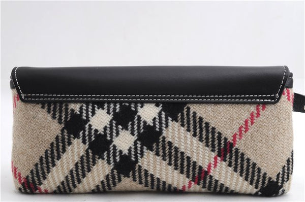 Authentic BURBERRY Nova Check Clutch Hand Bag Purse Wool Leather Beige 5581E